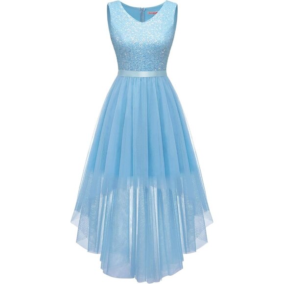 BeryLove Women Tulle Lightblue Chiffon Scoop Neck Sleeveless Cocktail Dresses - Picture 1 of 7
